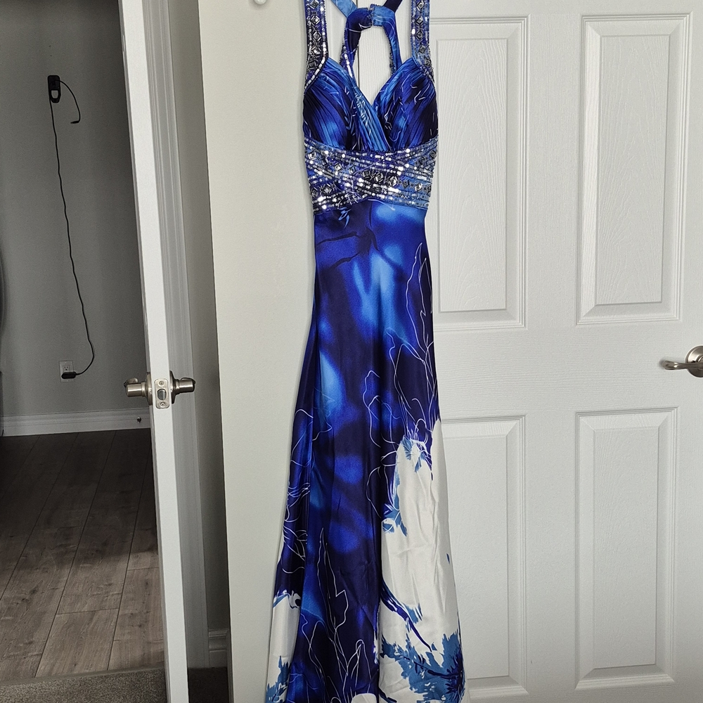 Cachet Blue and White Backless Dress